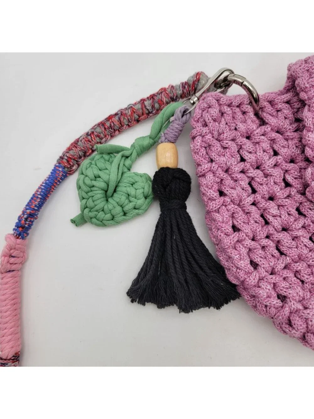 Handcrafted Shooci Crocheted Pink Shoulder Bag w/Yarn Wrap Strap & Tassel Accent - Picture 8 of 10